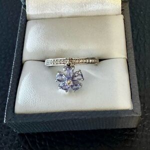 Pear Shaped Tanzanite and Round White Zircon Rhodium over Silver Charm Ring.Sz7.